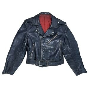 Vintage 1950s Leather Motorcycle Jacket Talon Zipper D-Pocket Biker S Black 50s